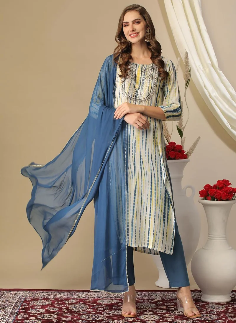 GoSriKi Light Blue GoSriKi Women's Rayon Blend Straight Printed Kurta with Pant & Dupatta (Tiedye Light Blue-GS_M_Light Blue_Medium) for Women | Best Price UAE